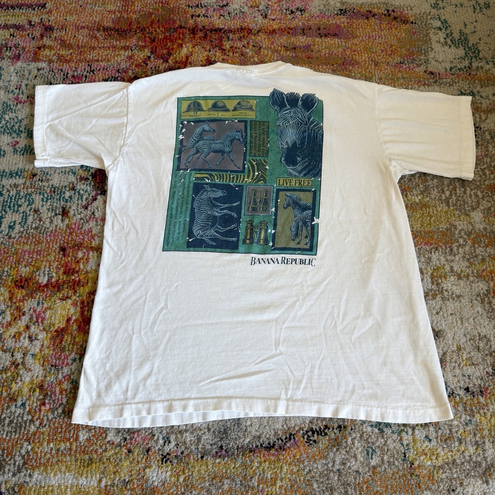 Vintage 80s Banana Republic Zebra Safari Pocket T-Shirt M White Live Free